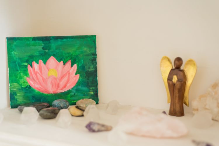 angel crystals and a painting