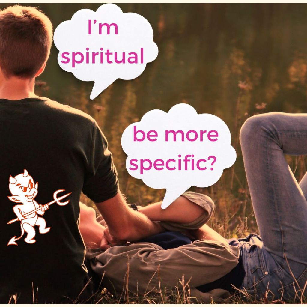 man and woman in field joke about being spiritual