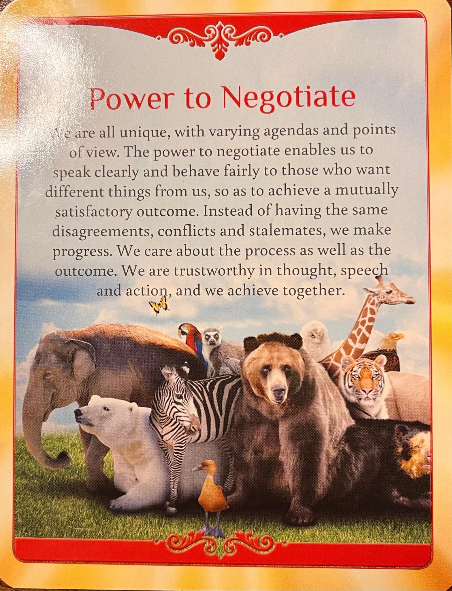 We are all unique, with varying agendas and points of view. The power to negotiate enables us to speak clearly and behave fairly to those who want different things from us, so as to achieve a mutually satisfactory outcome. Instead of having the same disagreements, conflicts and stalemates, we make progress. We care about the process as well as the outcome. We are trustworthy in thought, speech and action, and we achieve together. Shakti Durga Strength of the Soul Cards (purple pack)