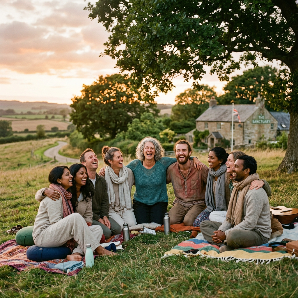 Group of nine people sitting on blankets in a circle outdoors, laughing together at sunset