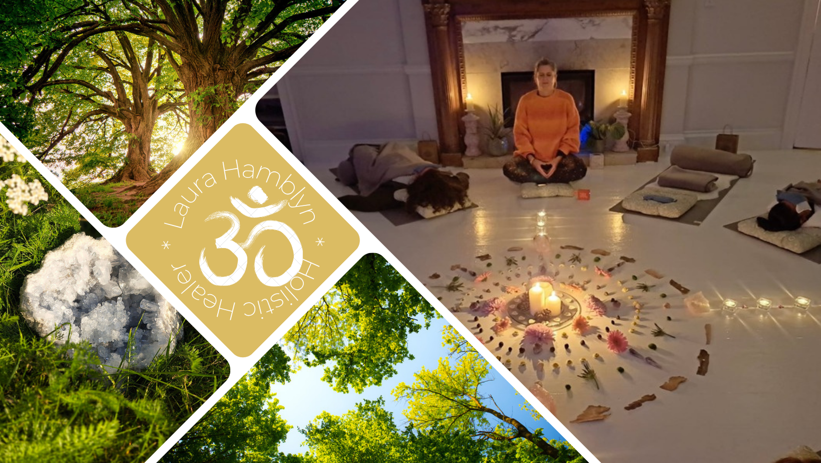 Laura Hamblyn leading a candlelit meditation, with trees, crystals and her gold holistic healer emblem